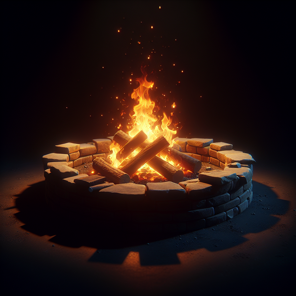 A cozy fire pit with lively flames dancing in the darkness.