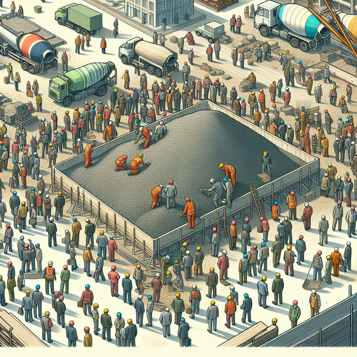 A diverse group of construction workers in protective gear inspect a large pile of crushed concrete, showcasing its versatility and importance in the industry.