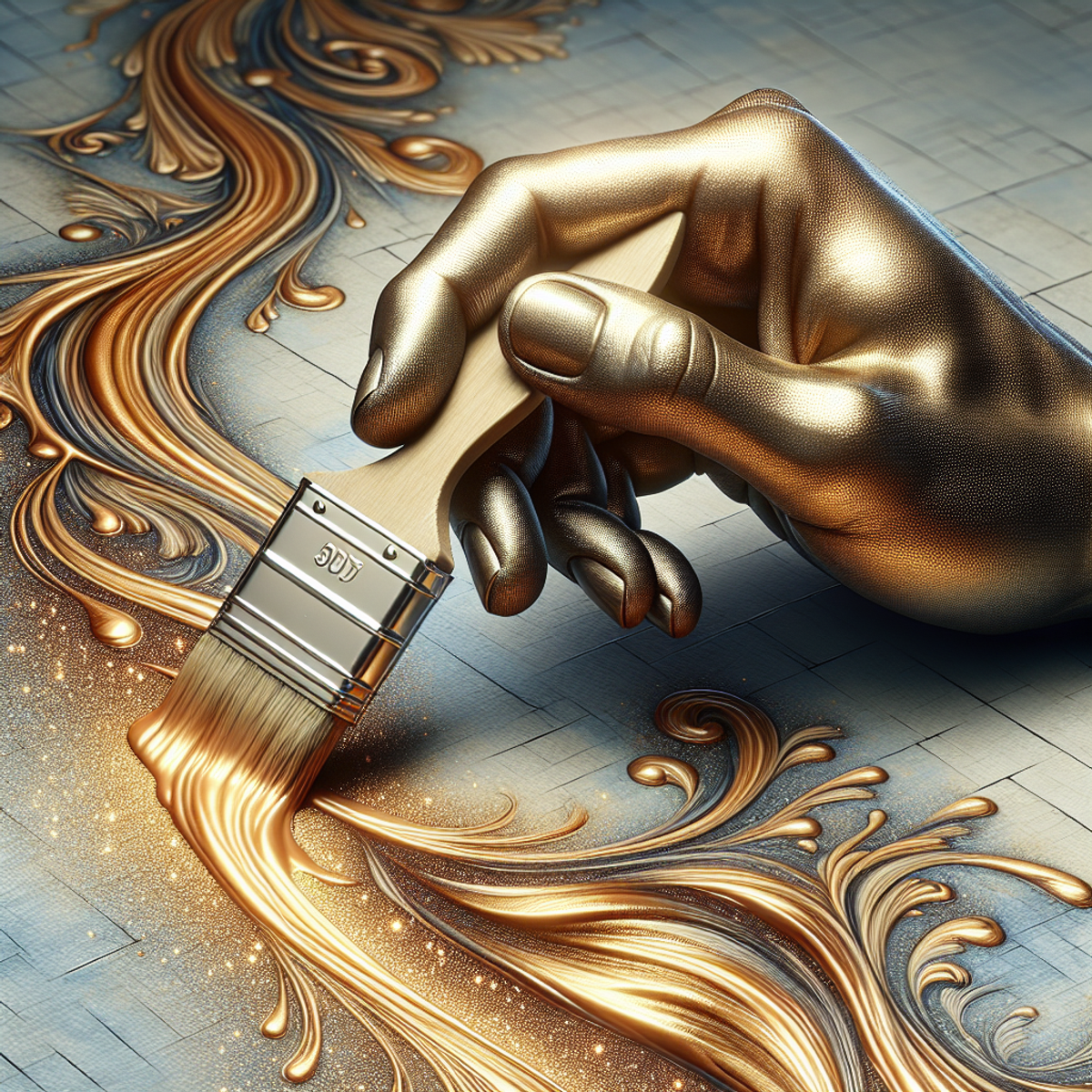 A hand carefully applying shiny varnish to a painted wall, enhancing its vibrancy and reflecting attention to detail.
