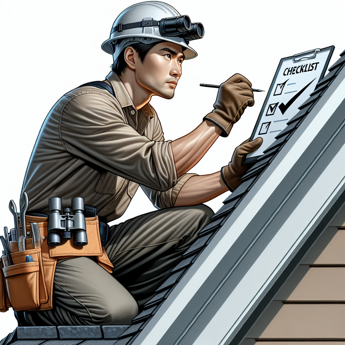 A professional roofer inspecting a house's rooftop with safety gear and a checklist clipboard.
