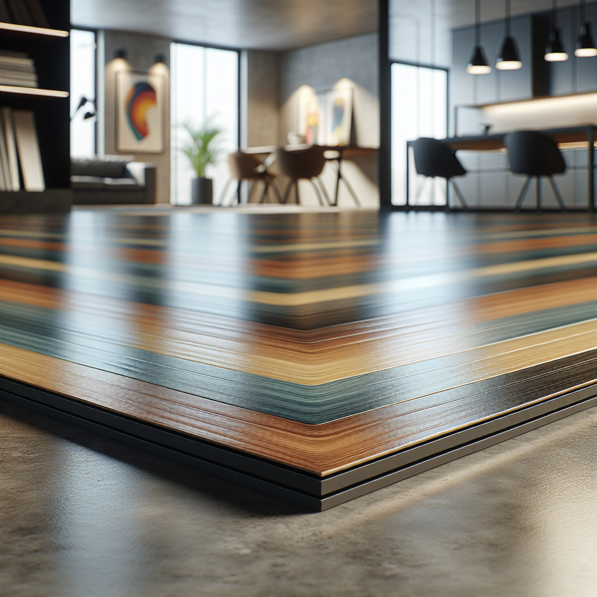 Close-up image of modern vinyl plank flooring with vibrant color options on a concrete surface.