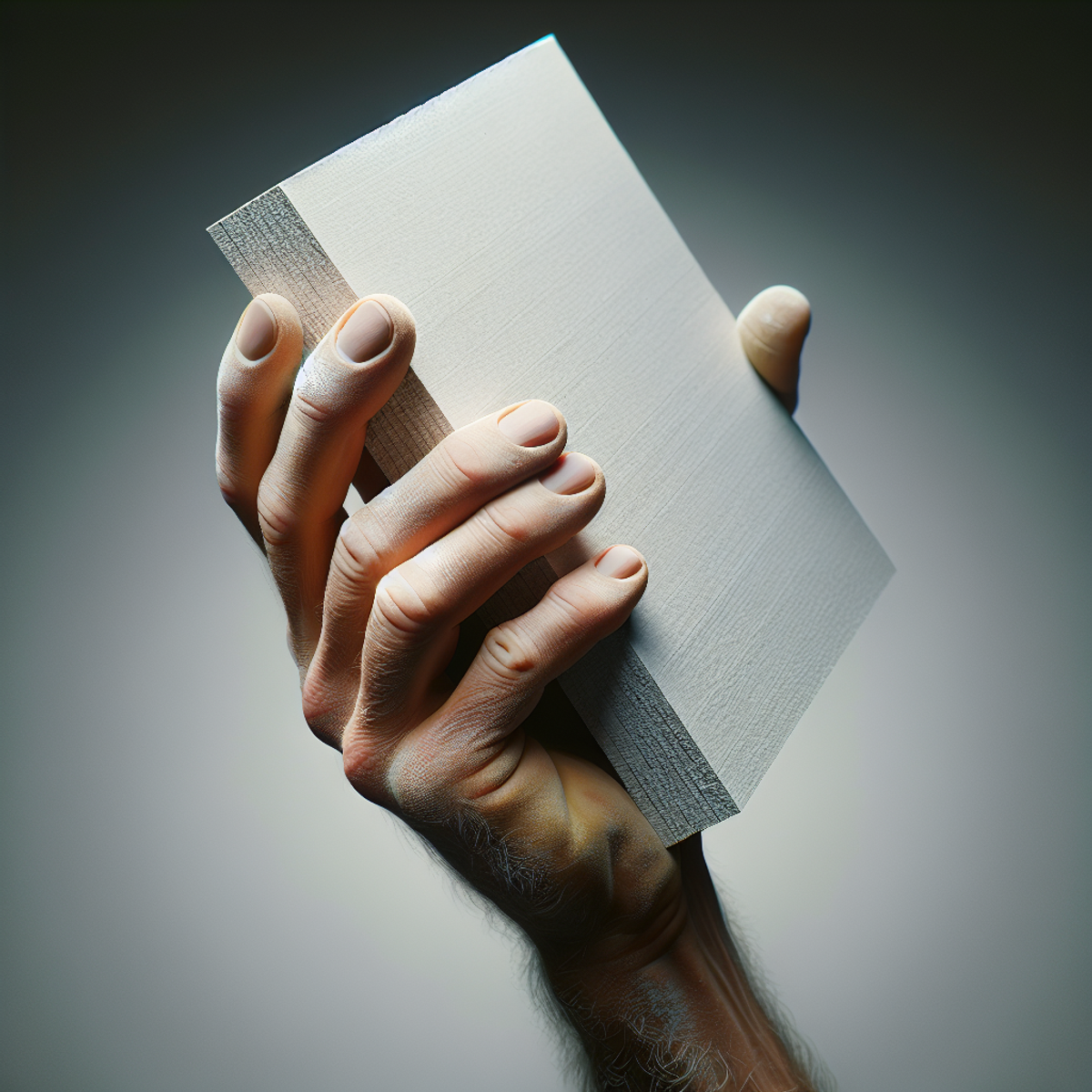 Close-up of a hand holding a piece of drywall with smooth texture and clean edges.