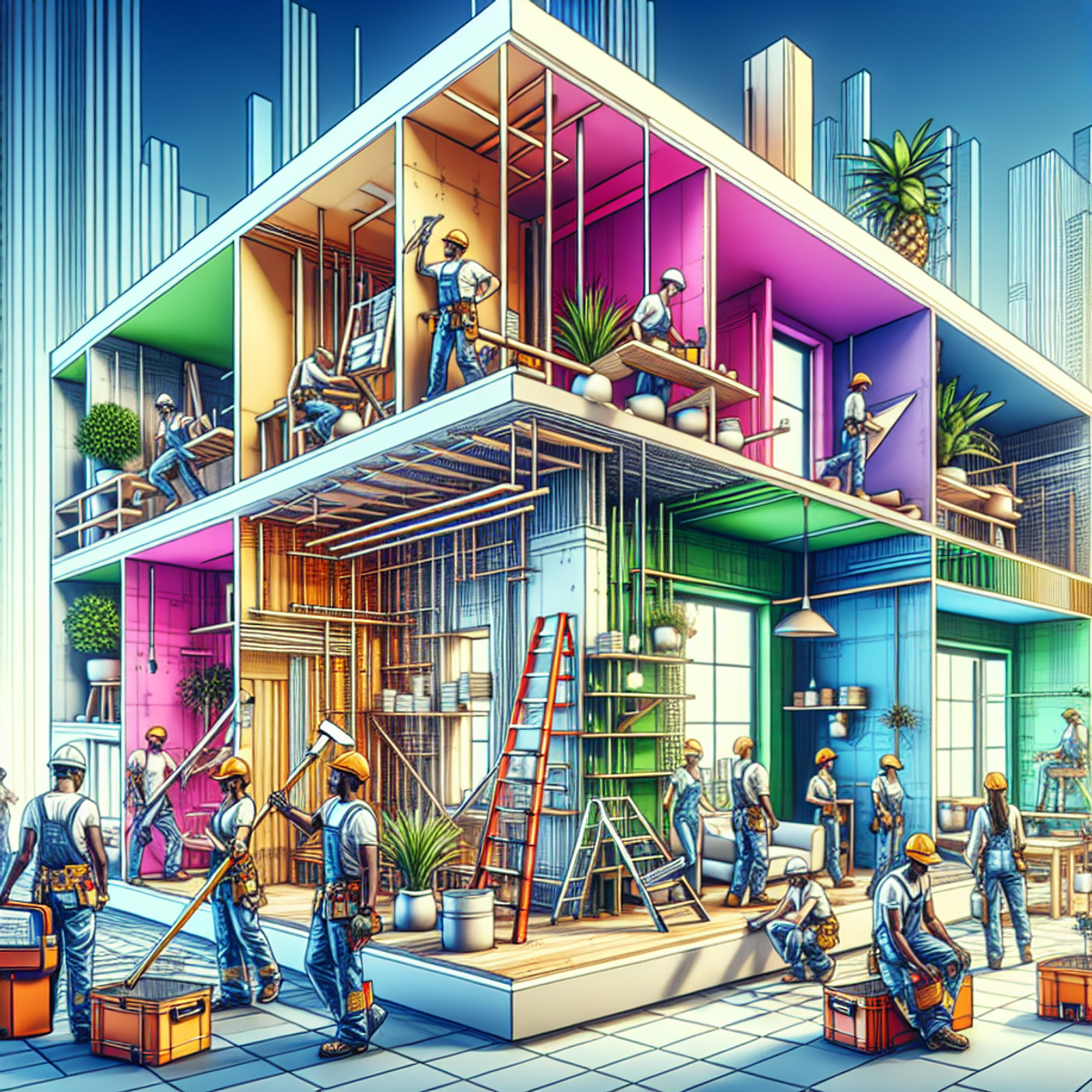 A diverse group of construction workers using drywall to build interior spaces.