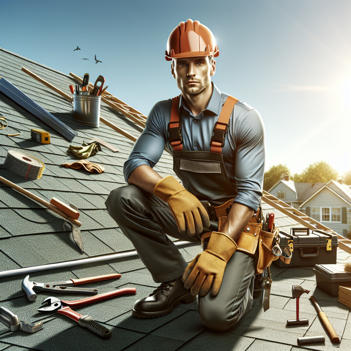 A professional roofer wearing safety gear and ready to work on a clean, well-maintained roof with roofing tools and uninstalled shingles nearby.
