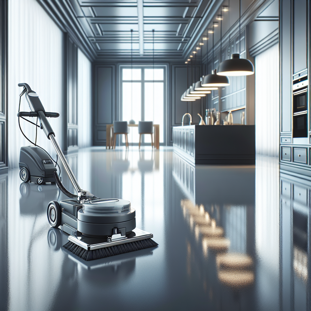 A close-up view of a sleek, polished floor with a modern and professional floor cleaning equipment in the foreground.