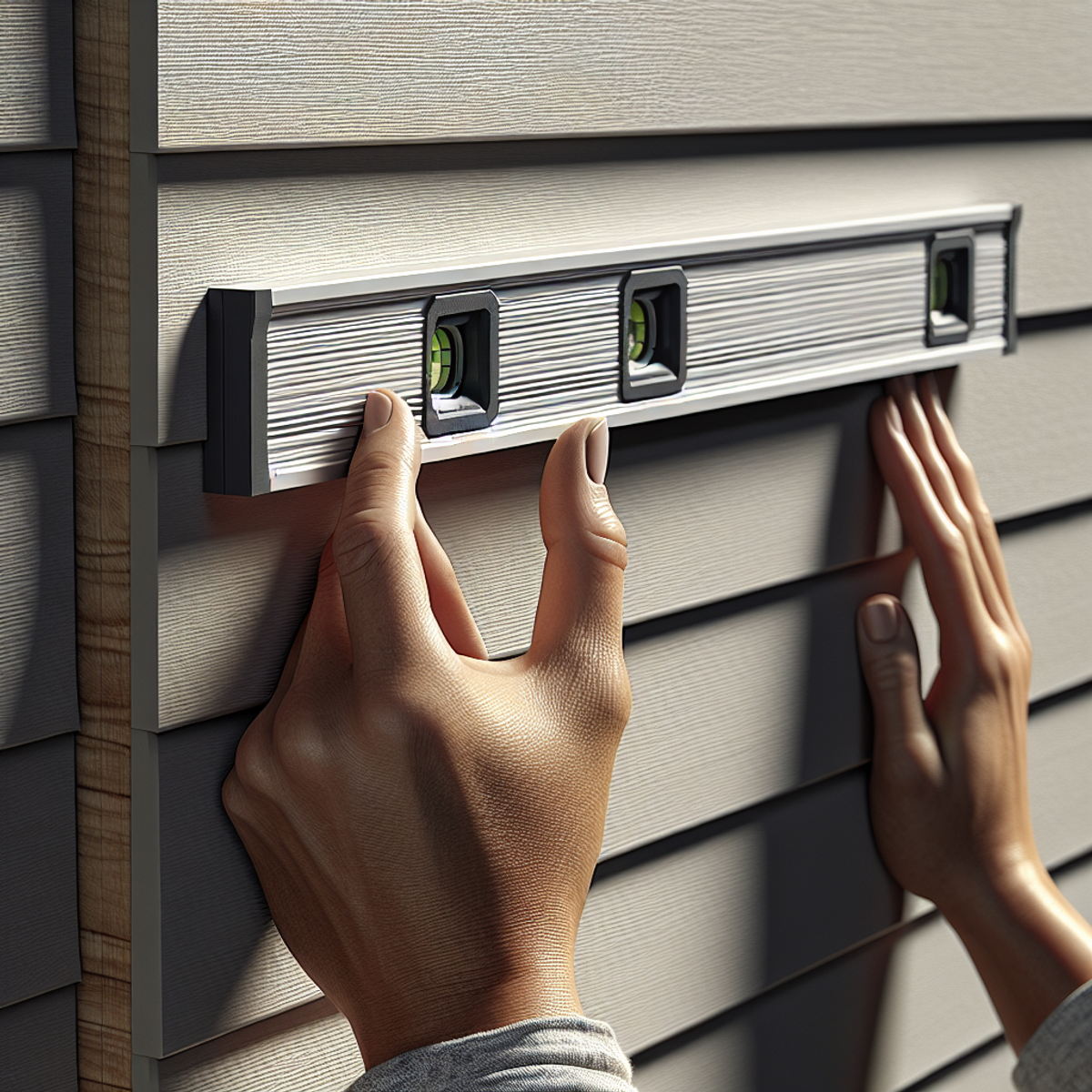 A hand holding a leveling tool against newly installed board and batten vinyl siding.