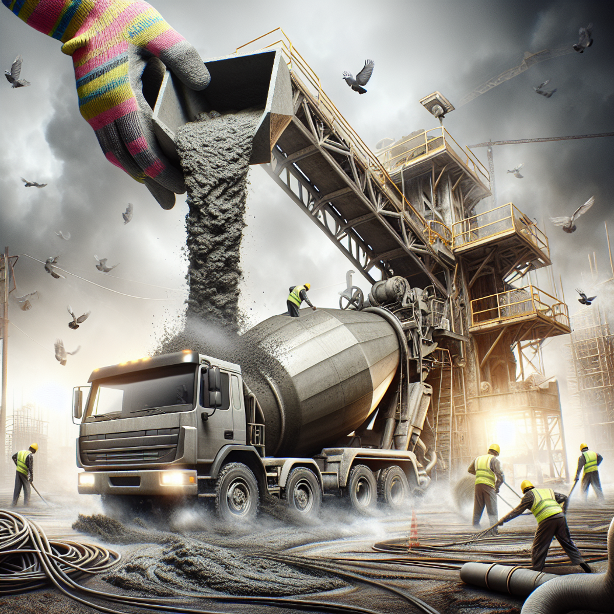 African woman operating a concrete truck at a construction site.