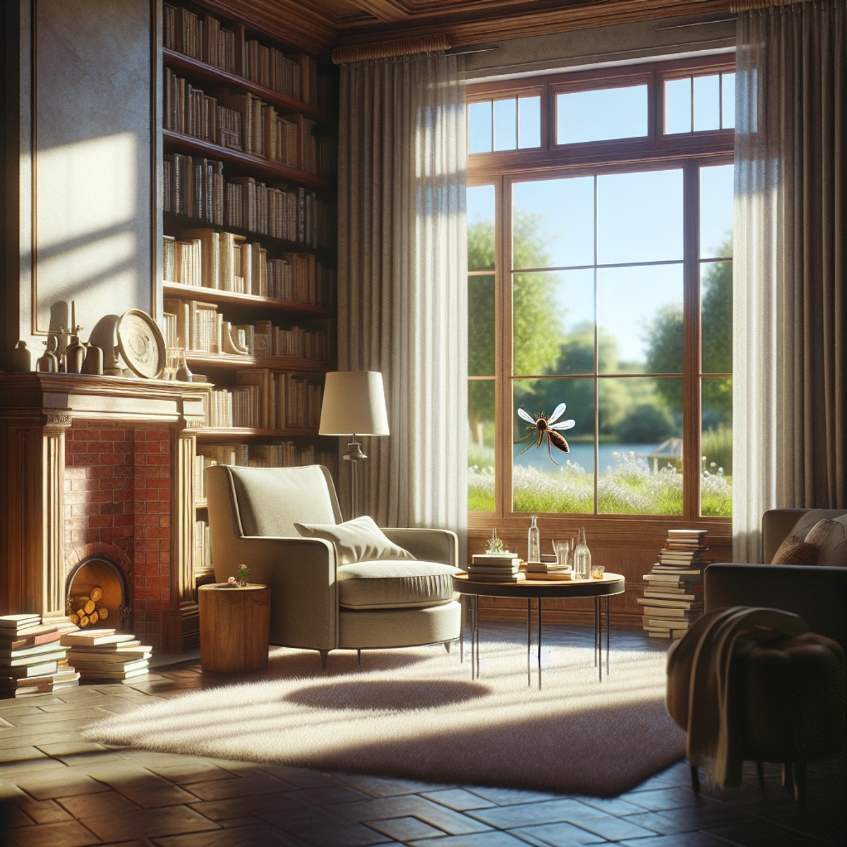 A calm and quiet living room bathed in soft light. The room is nicely furnished with comfortable and cozy furniture. There's a plush armchair near a side table, a wooden bookcase with various read and unread books, a round coffee table at the center, and an elegantly decorated fireplace. Natural light pours in from an opened window that offers a glimpse of a garden, trees, and a sunny blue sky outside. A mosquito is trying to come inside the room but is being stopped by a subtle barrier, symbolizing the mosquito screen on the window.