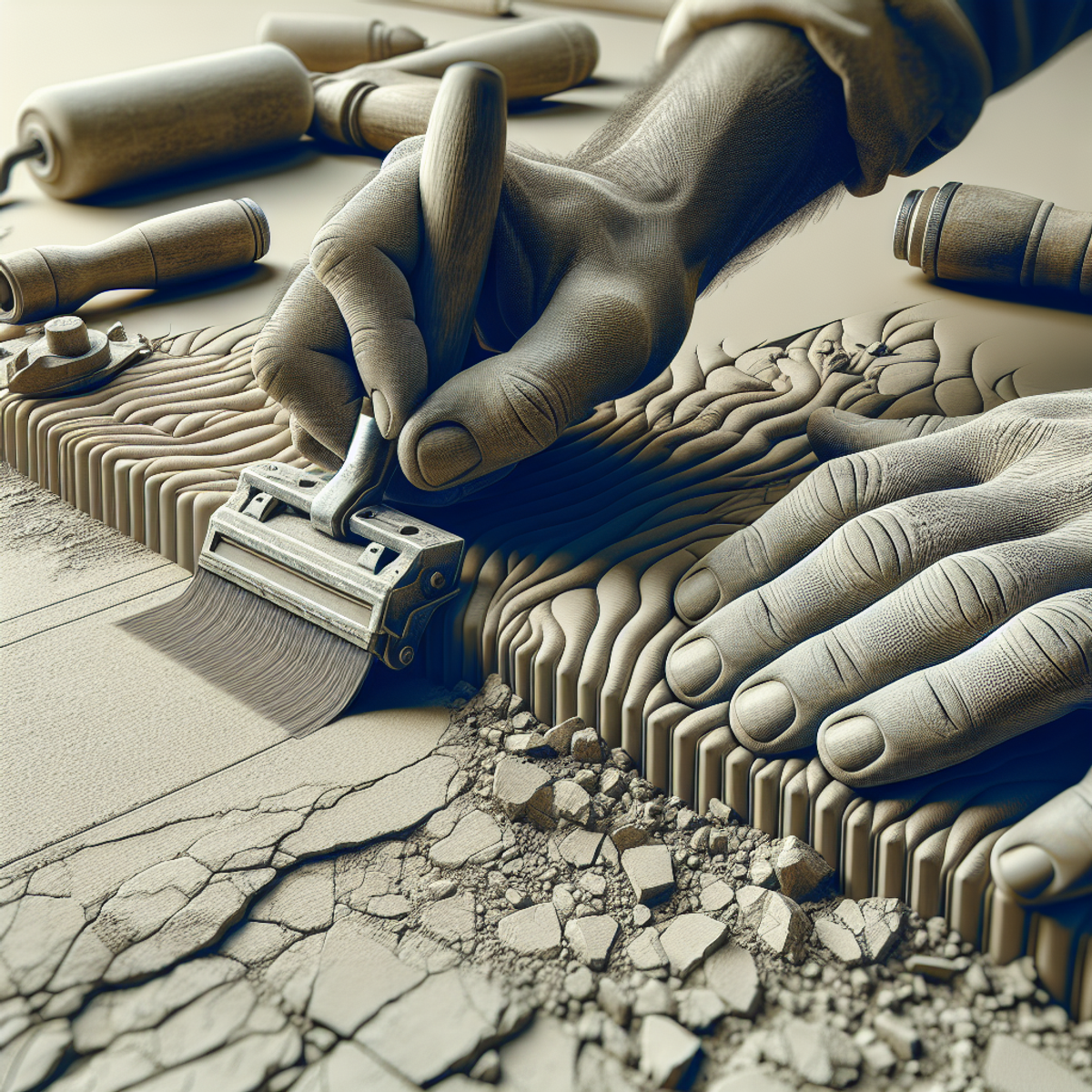 Close-up view of a concrete surface undergoing gentle restoration with tools and textures visible.