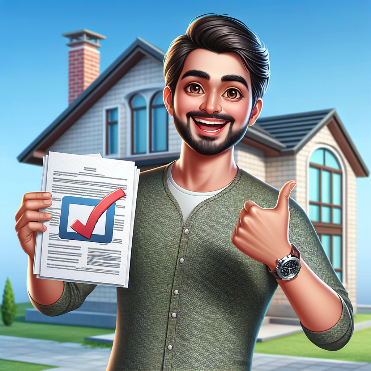 A South Asian homeowner holding a building permit with a checkmark, standing in front of his well-maintained house and expressing joy.
