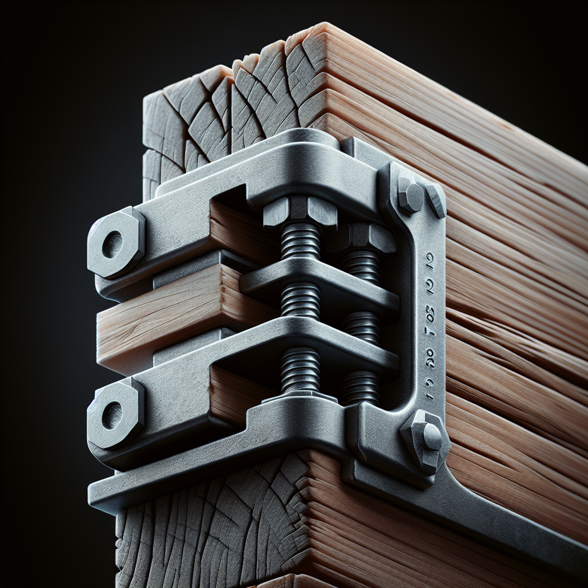 A close-up photo of a metallic bracket securely fastening a wooden beam.