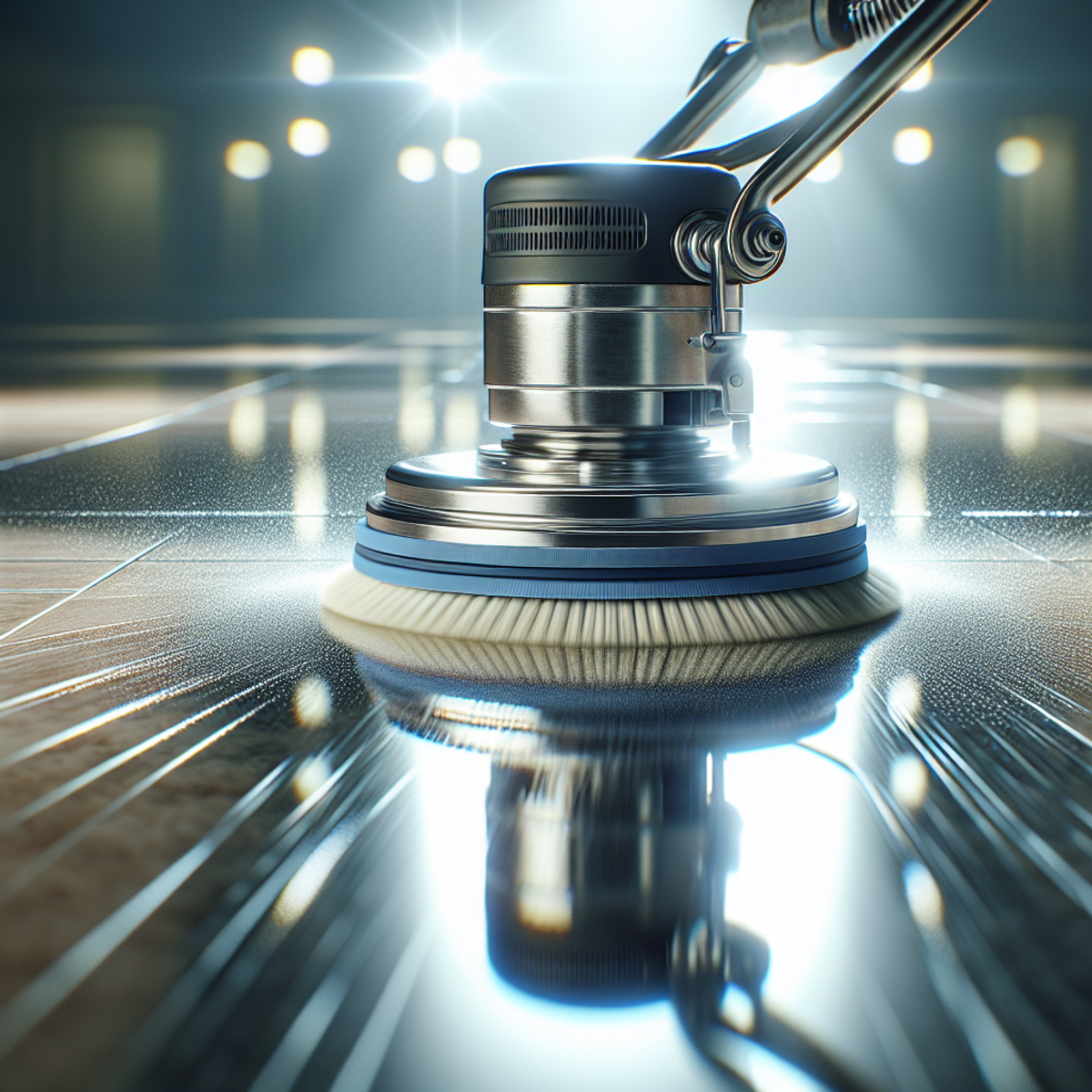 A close-up image of a shiny, polished floor being treated with a burnishing pad in action. The floor is gleaming with intense polishing and capturing the trails left by the burnishing pad as it methodically works its way. The reflections bouncing off the floor's surface and the whirr of the burnisher are prominent.