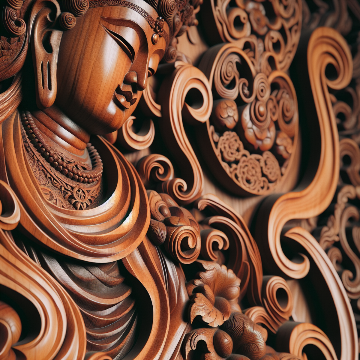 A close-up view of an exquisitely carved wooden sculpture, highlighting the sophistication and dexterity of the woodcraft.
