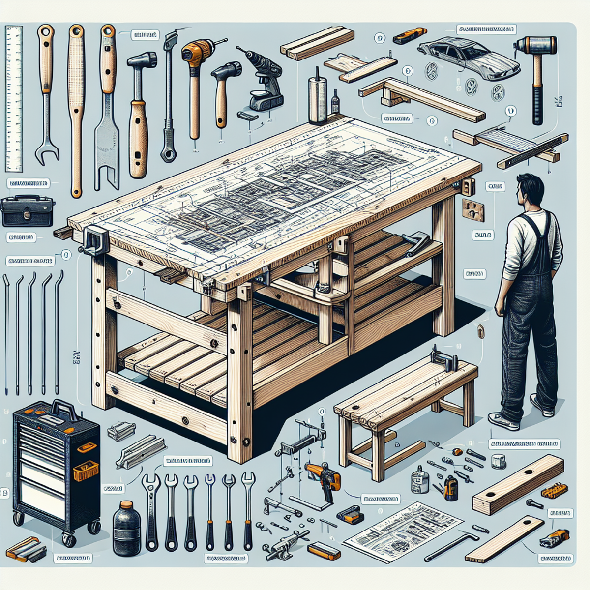 A digital art representation of a wooden workbench with various tools and materials on it, symbolizing a DIY workspace.