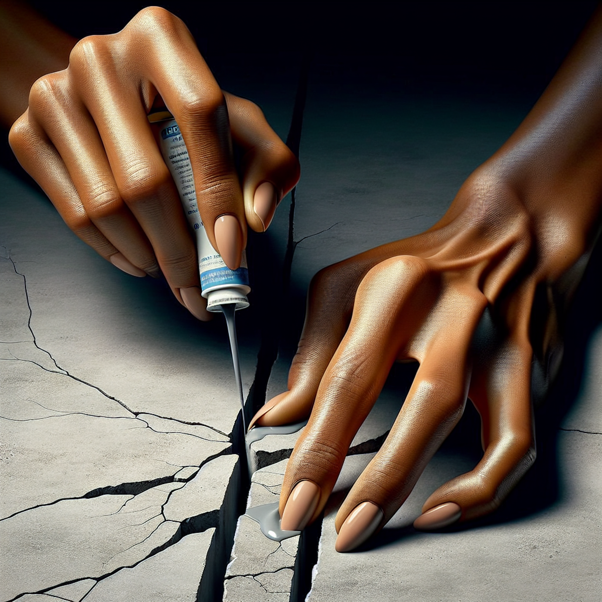 A South Asian woman's hands carefully sealing a crack in concrete.