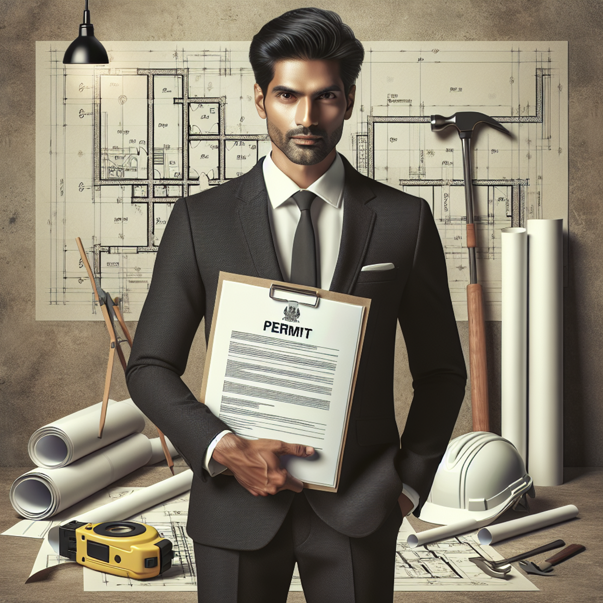A South Asian man in professional attire holding a document symbolizing a building permit amidst blueprints and construction tools.