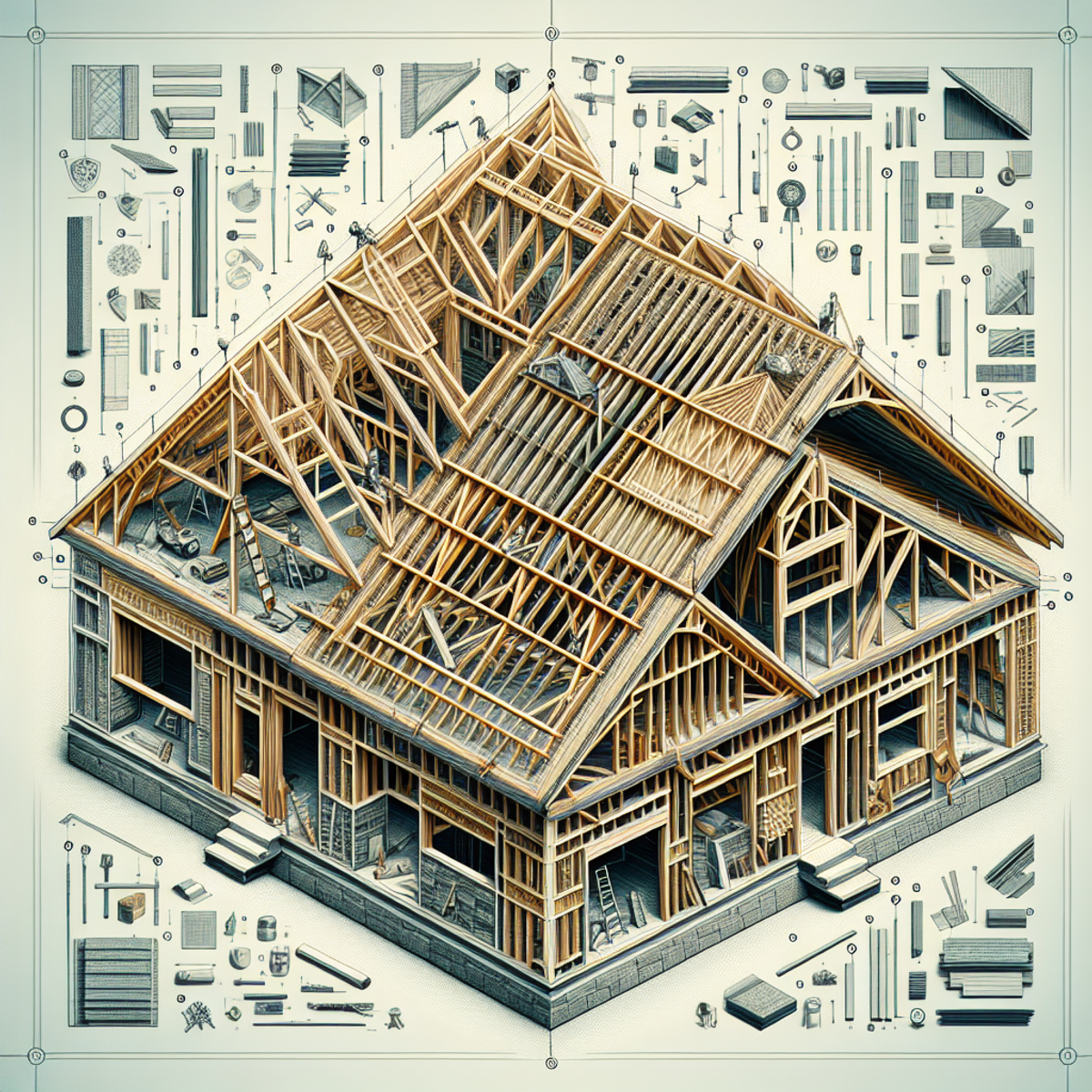 A photo of a roof with different sections showcasing various architectural framing methods, emphasizing strength and structural integrity.