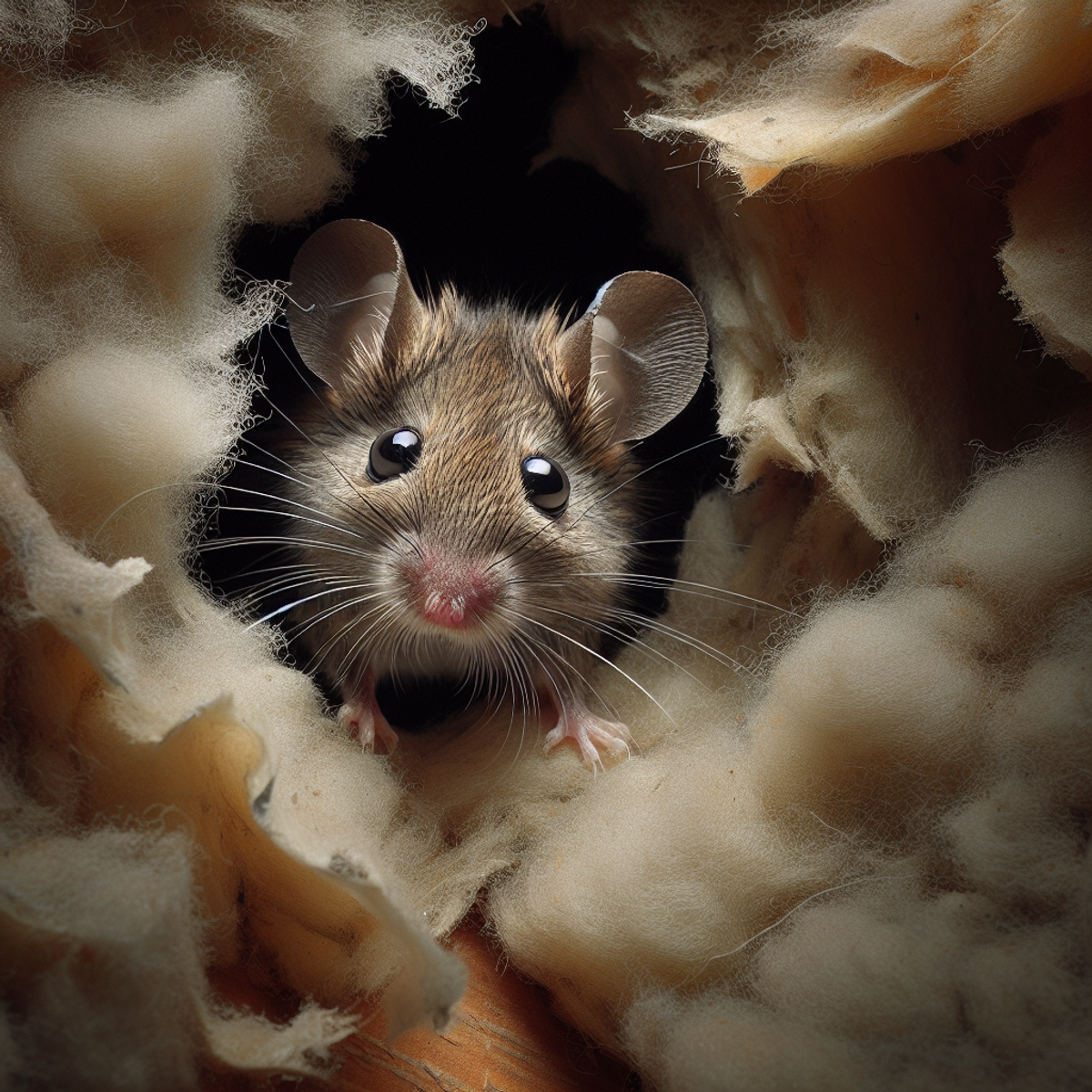 A close-up image of a small mouse peeking out from torn attic insulation, with its whiskers twitching and eyes narrowed in scrutiny.