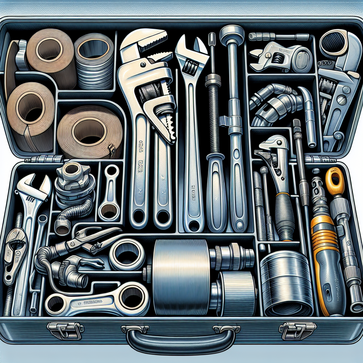 A well-organized plumber's toolbox with various shiny and matte metal tools neatly arranged in compartments.
