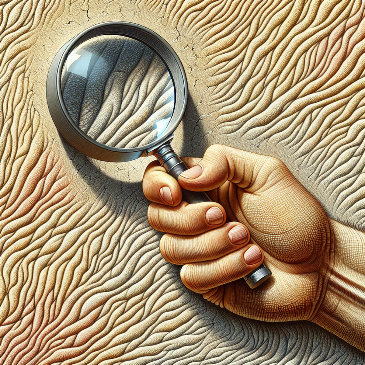 A Caucasian male hand holds a magnifying glass, examining a textured stucco wall's surface. The magnifying glass lens slightly distorts the wall's texture beneath it.
