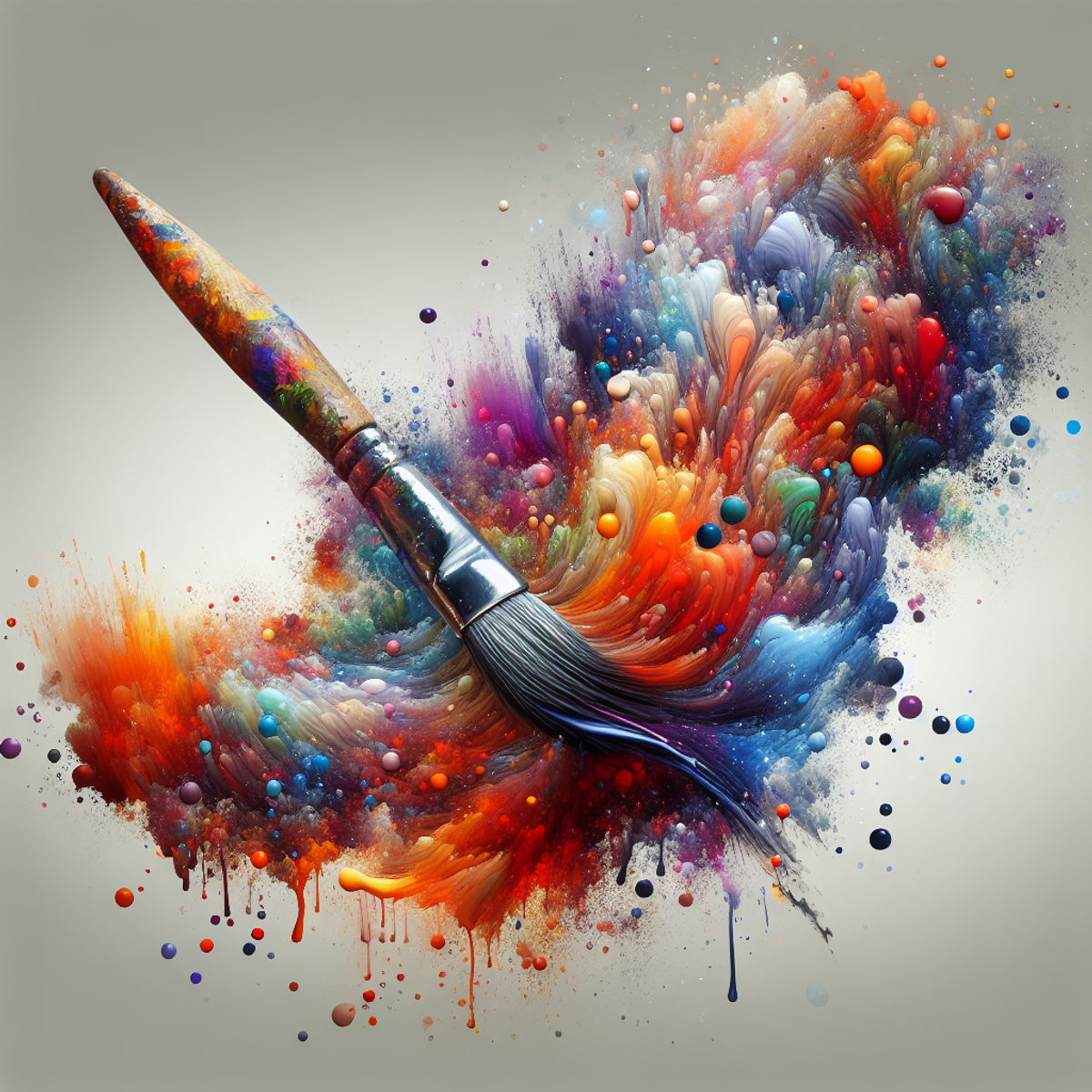 A paintbrush suspended in mid-air, surrounded by vibrant splashes of colorful paint.
