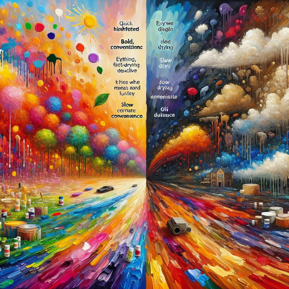 A canvas split in half, with the left side covered in bold, vibrant acrylic paints and the right side showcasing the sumptuous richness of oil paints.