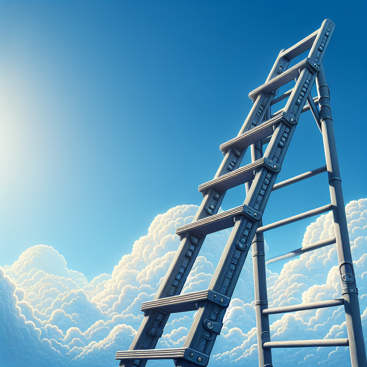 A close-up image of a sturdy ladder leaning against a clear blue sky.