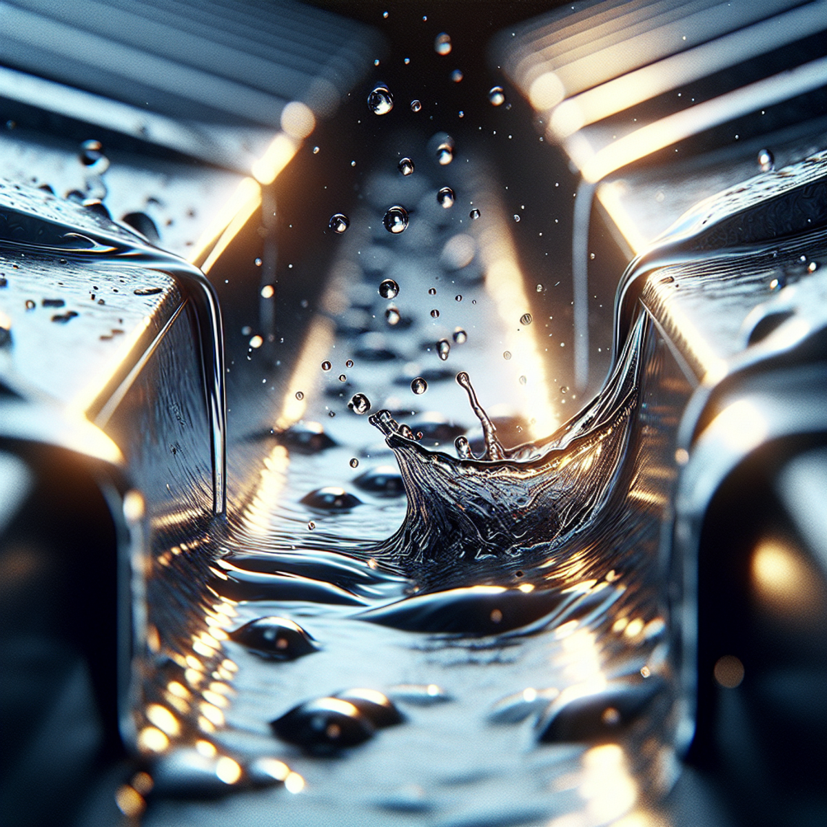 Close-up image of raindrops falling into a shiny metal gutter on a roof.