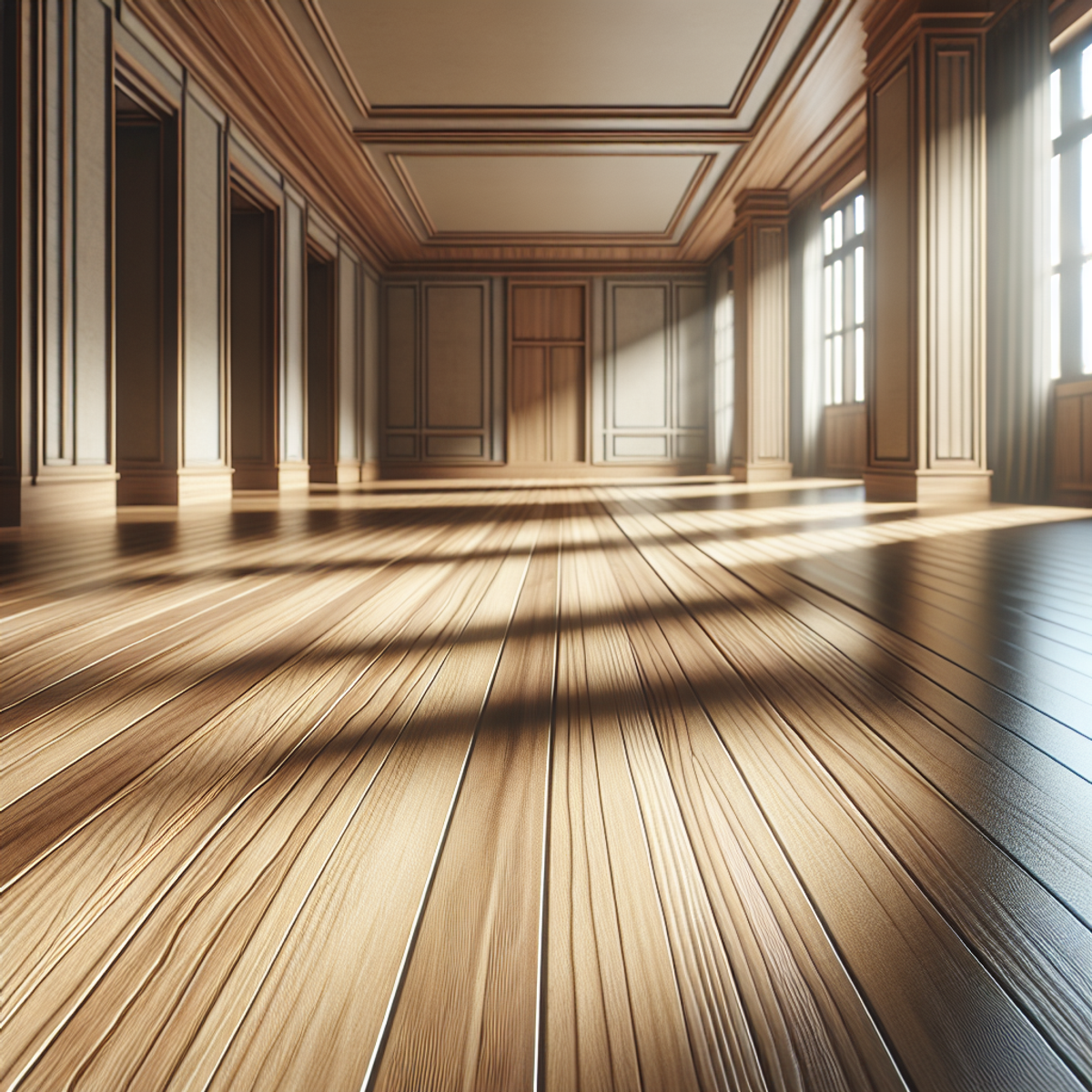 Sunlit hardwood floor in empty room.