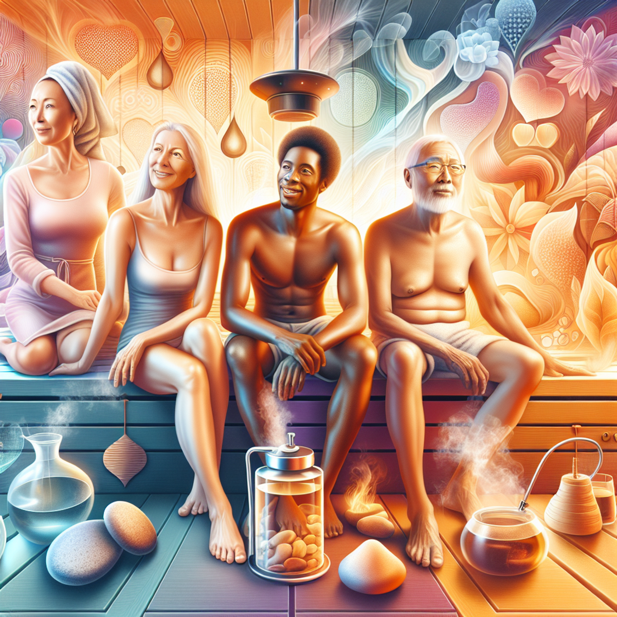 A multi-generational group of diverse individuals relaxing in a sauna, surrounded by elements of wellness such as infused water, essential oil diffusers, and smooth stones.