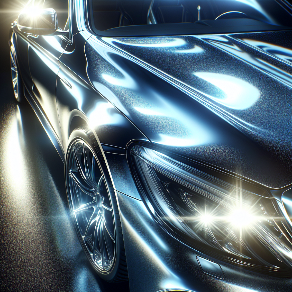 A shiny, black luxury car reflecting sunlight.
