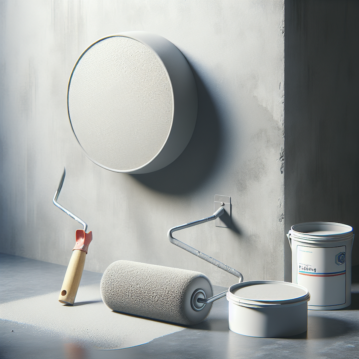 A paint roller and patching material on smooth concrete surface.