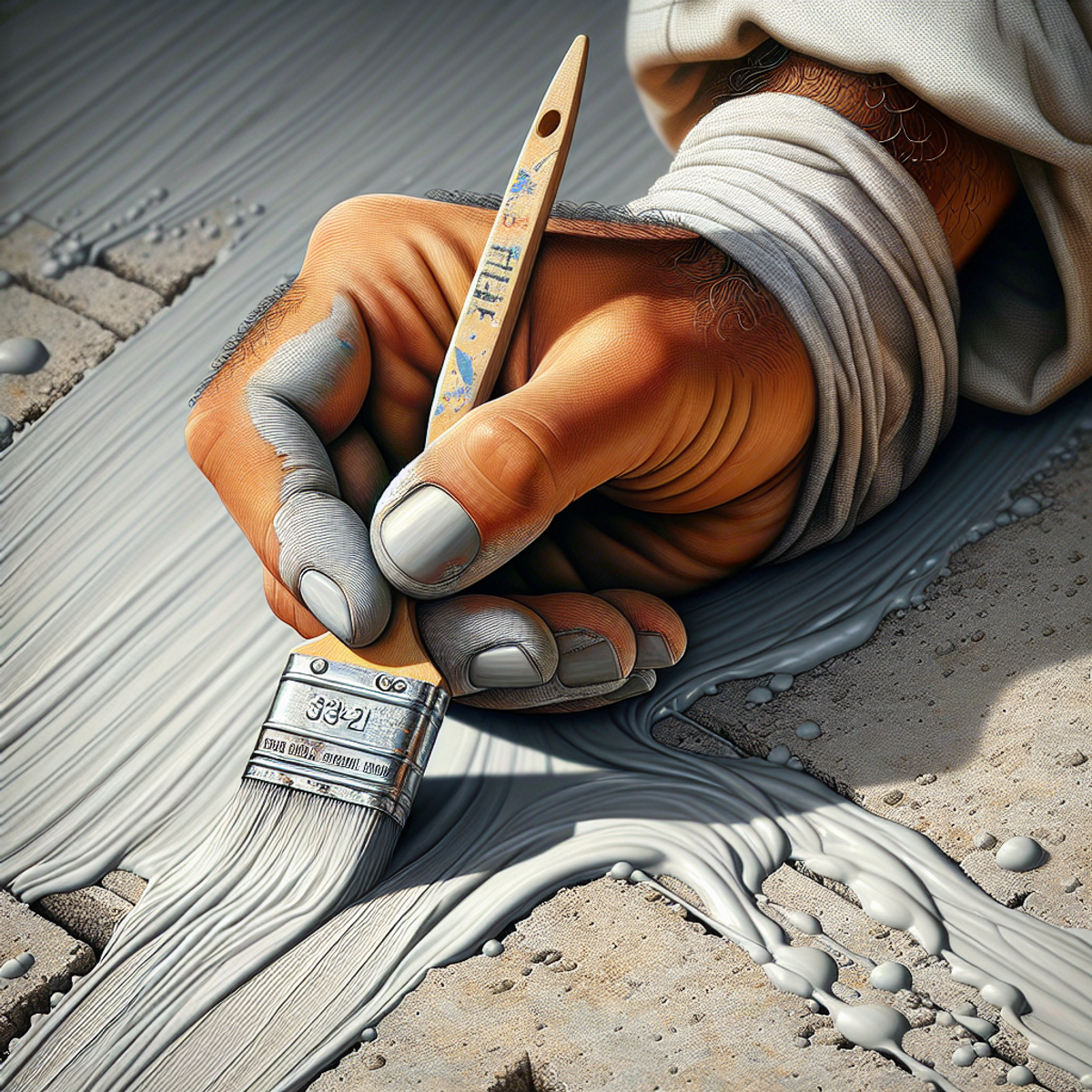 A person's hand of Middle-Eastern descent holding a paintbrush and applying concrete repair material.