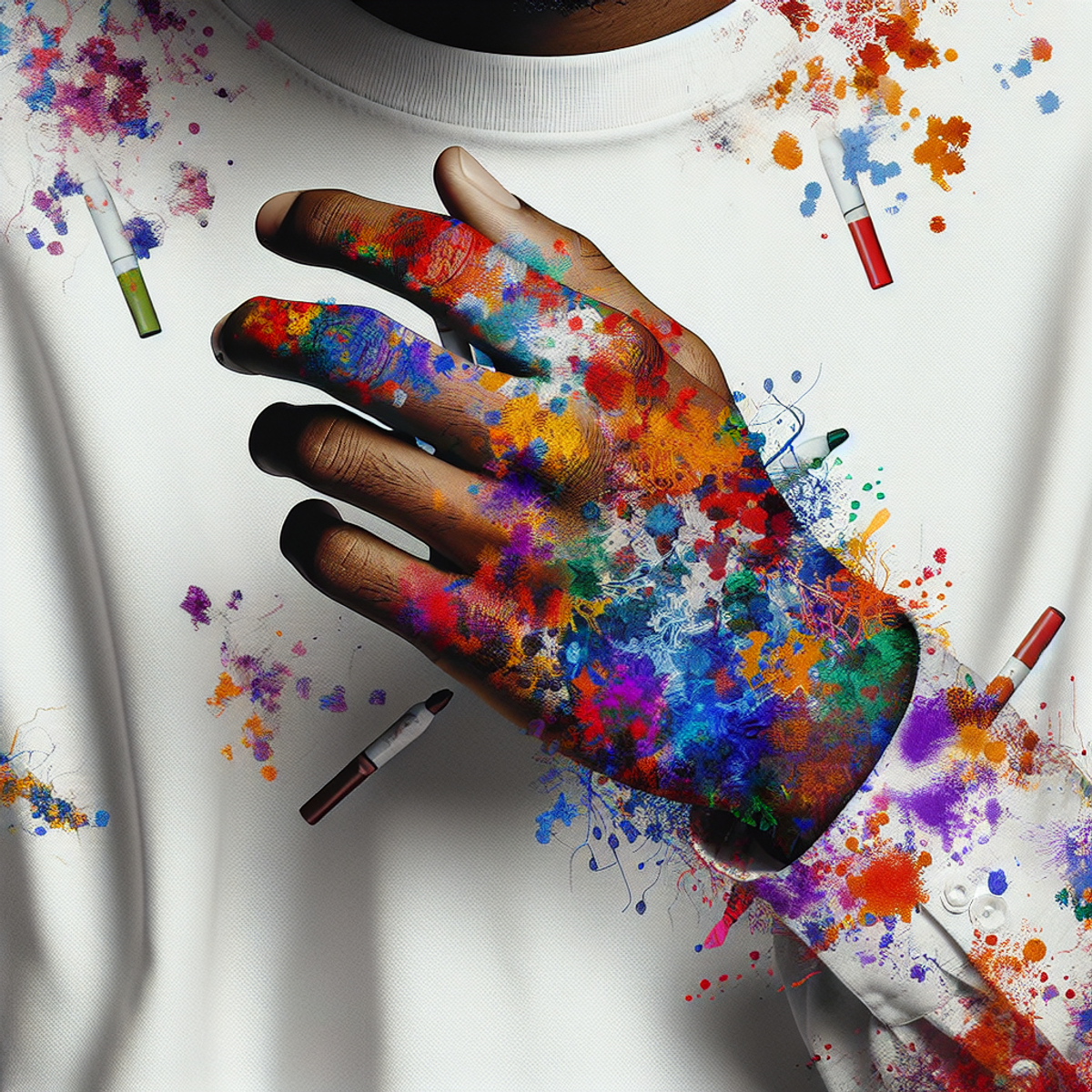 A hand grasping a white t-shirt with vibrant, abstract stains made by dry erase markers.