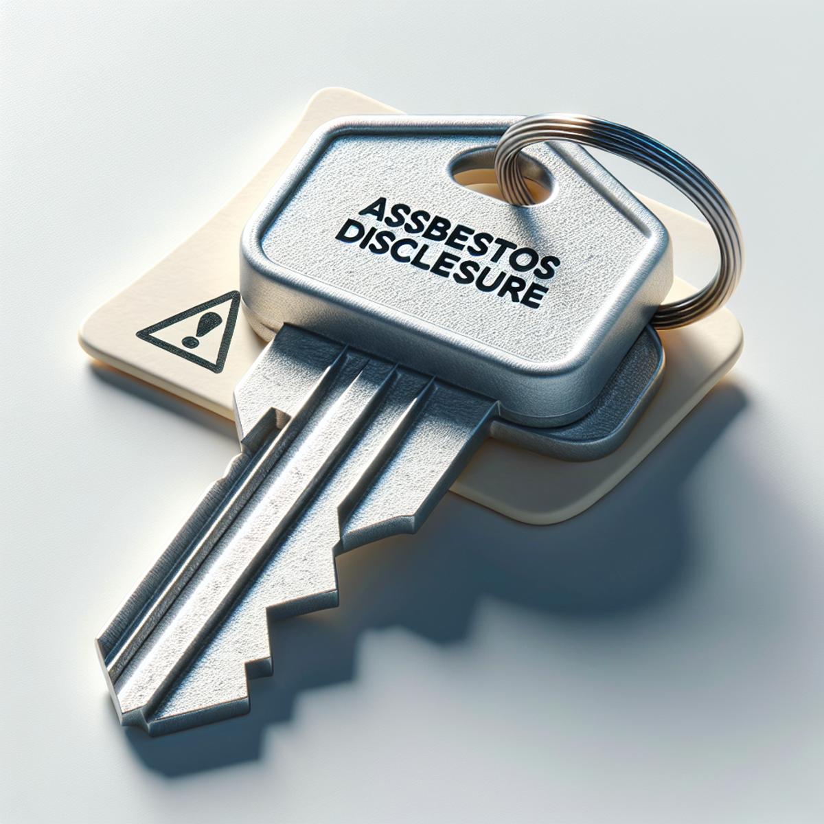 A close-up of a metallic house key with sharp ridges and a small label depicting a triangle warning symbol.