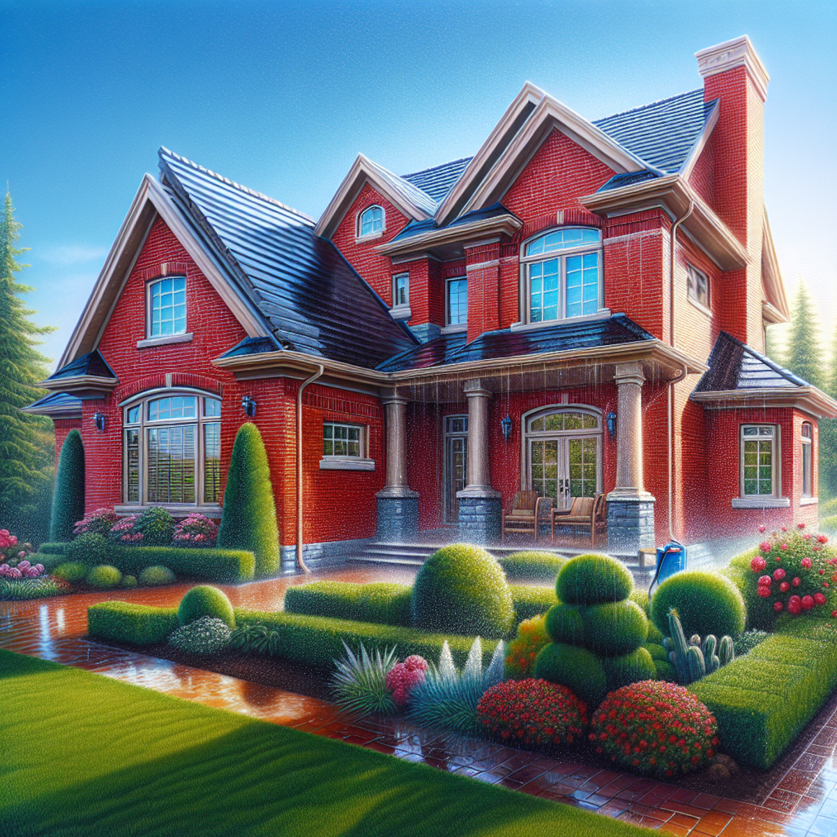 Red brick home with clean facade, sparkling water droplets, and landscaped yard under clear blue sky.