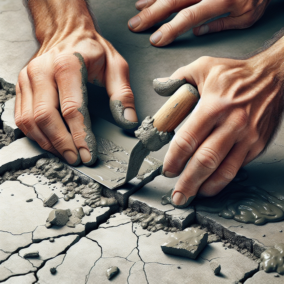 Hands of two different ethnicities carefully applying cement-like repair materials to a worn, cracked surface.
