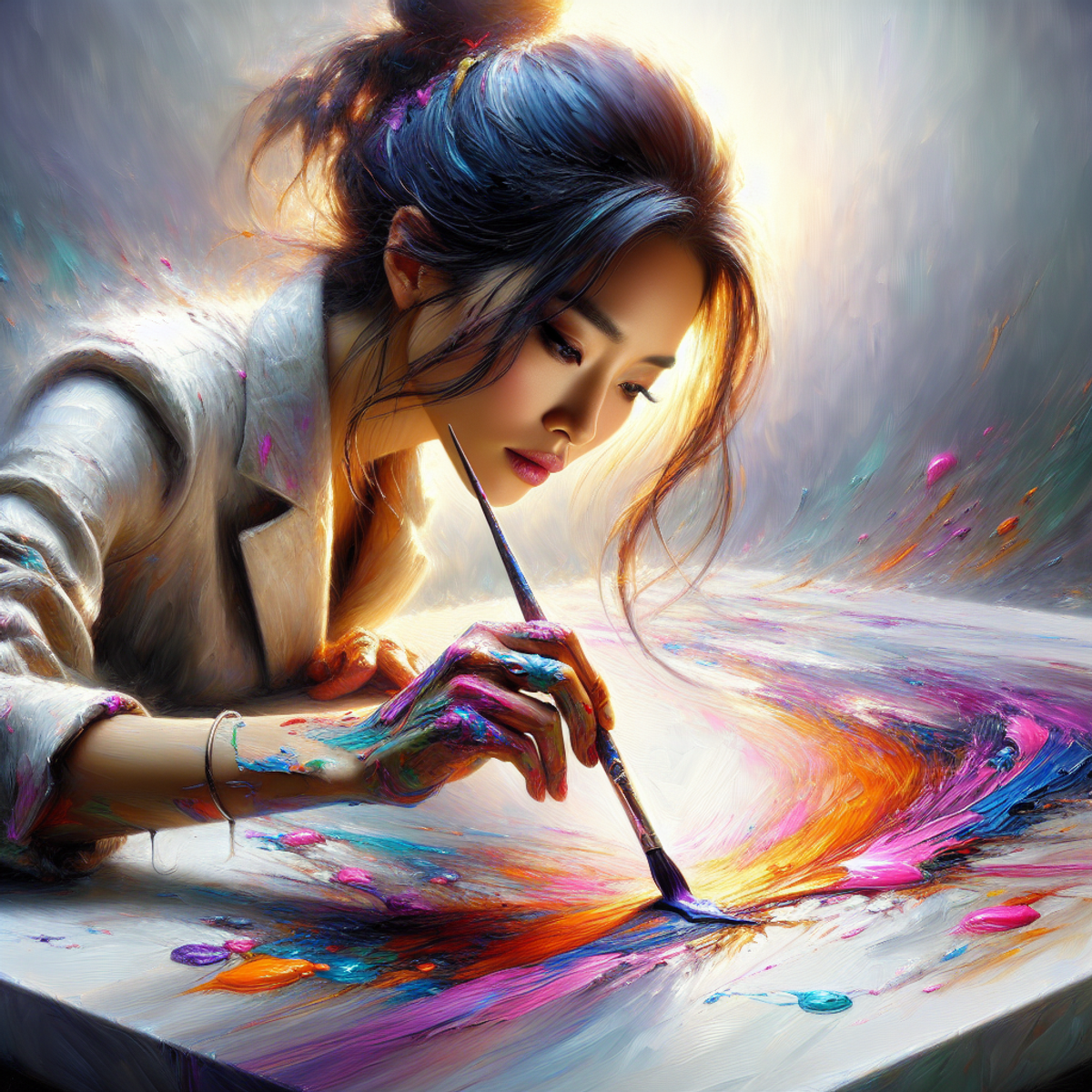 An Asian woman painting on a canvas with vibrant colors.