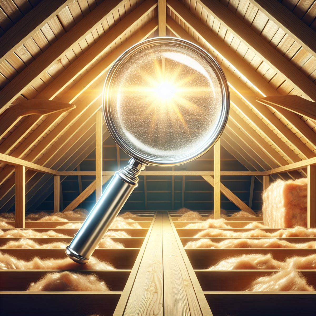 A magnifying glass hovering over a neat attic space, showing detailed wooden beams and insulation.