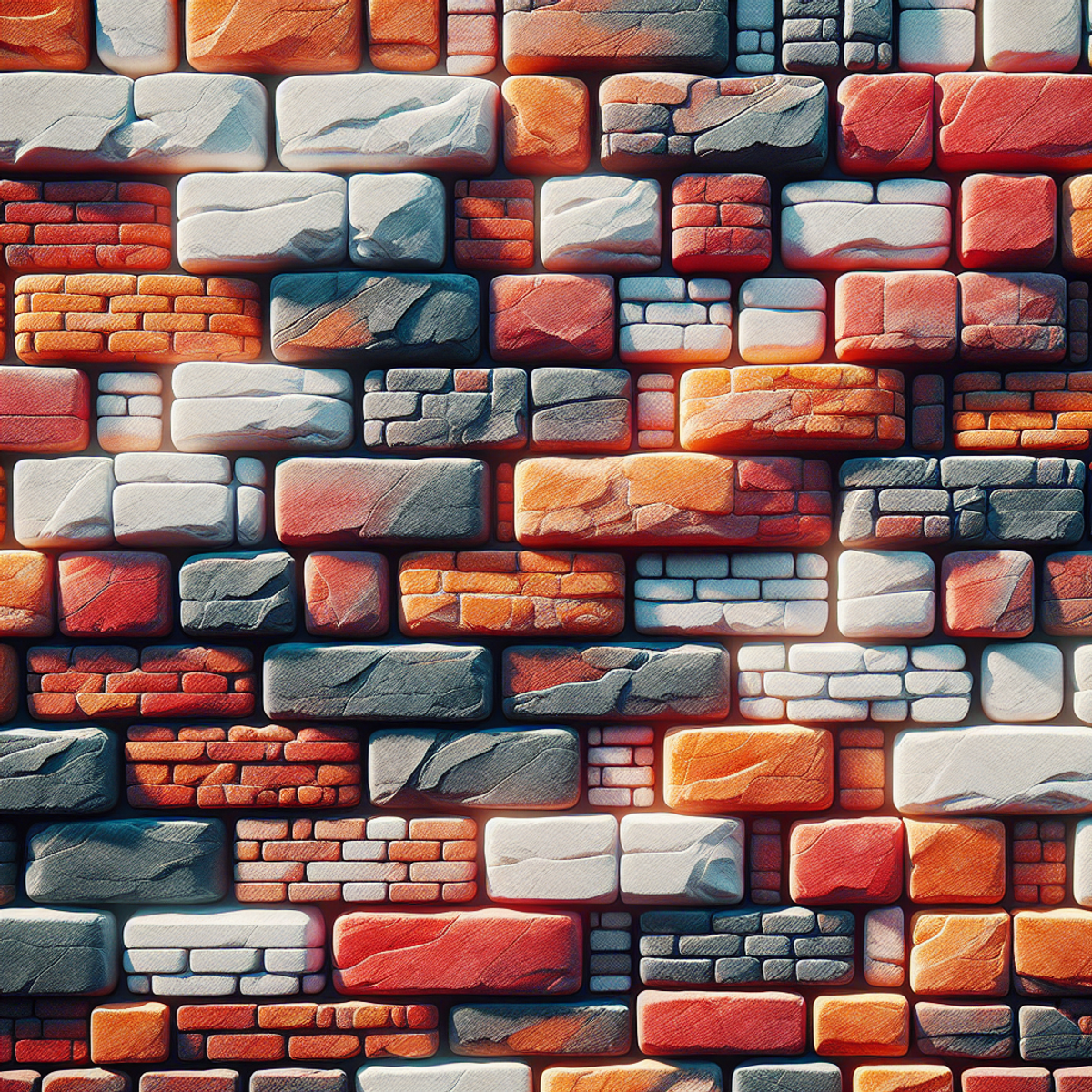 Freshly power washed brick wall with vibrant red, orange, and brown bricks and clean white cement filler.