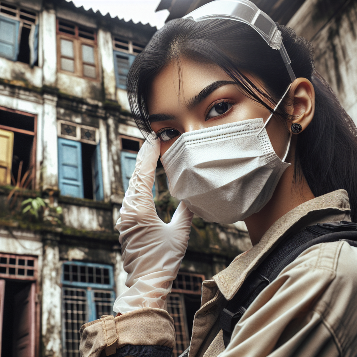 A South Asian woman wearing protective gear inspects an old, dilapidated structure.