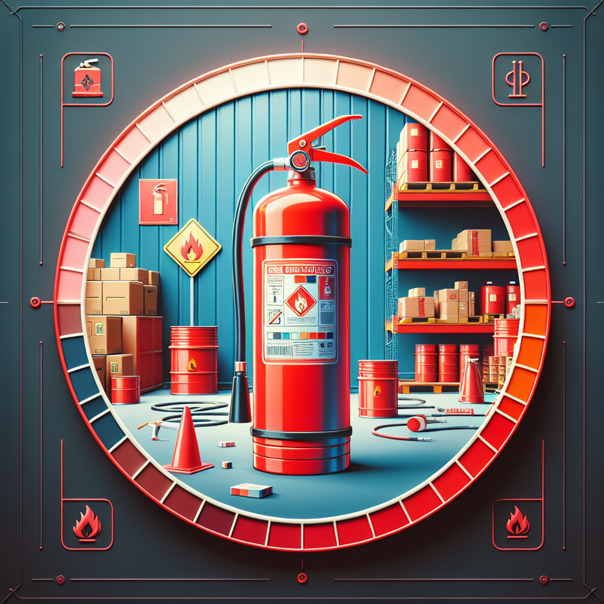A red fire extinguisher standing tall in an industrial warehouse setting, surrounded by caution signs and conveying a sense of urgency and safety.