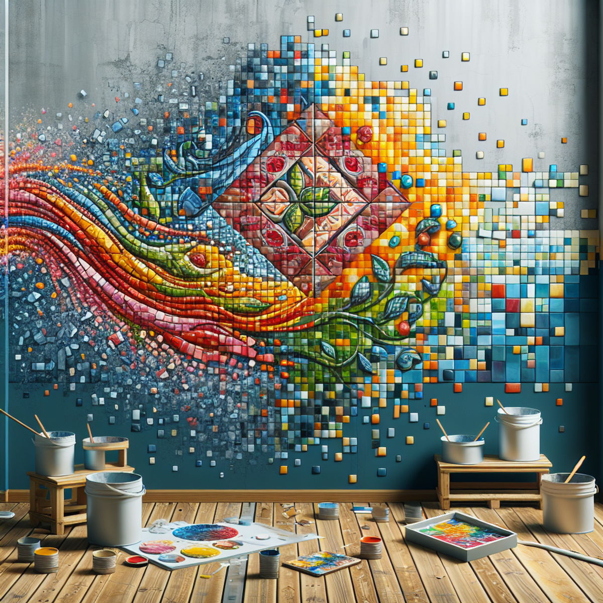 A close-up photo of a colorful mosaic of tiles seamlessly merging with a painted wall, symbolizing the cost-effectiveness and convenience of tiling over painted drywall.