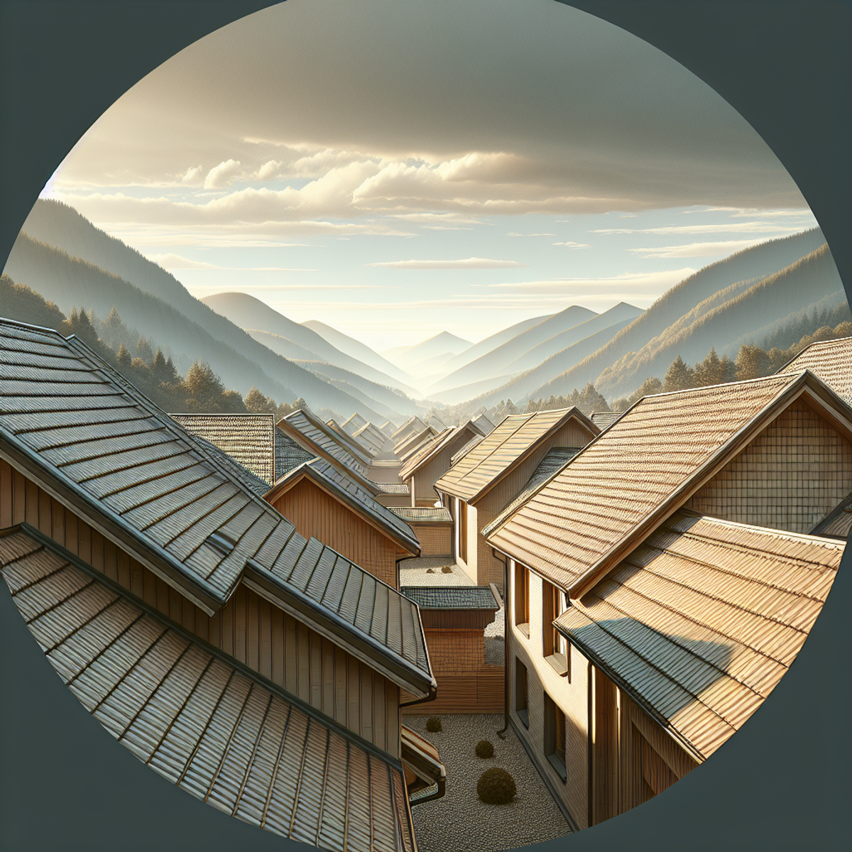 A photo of a closed roof valley with seamless design and effective drainage, featuring muted earth tones and sturdy materials like shingles or tiles.