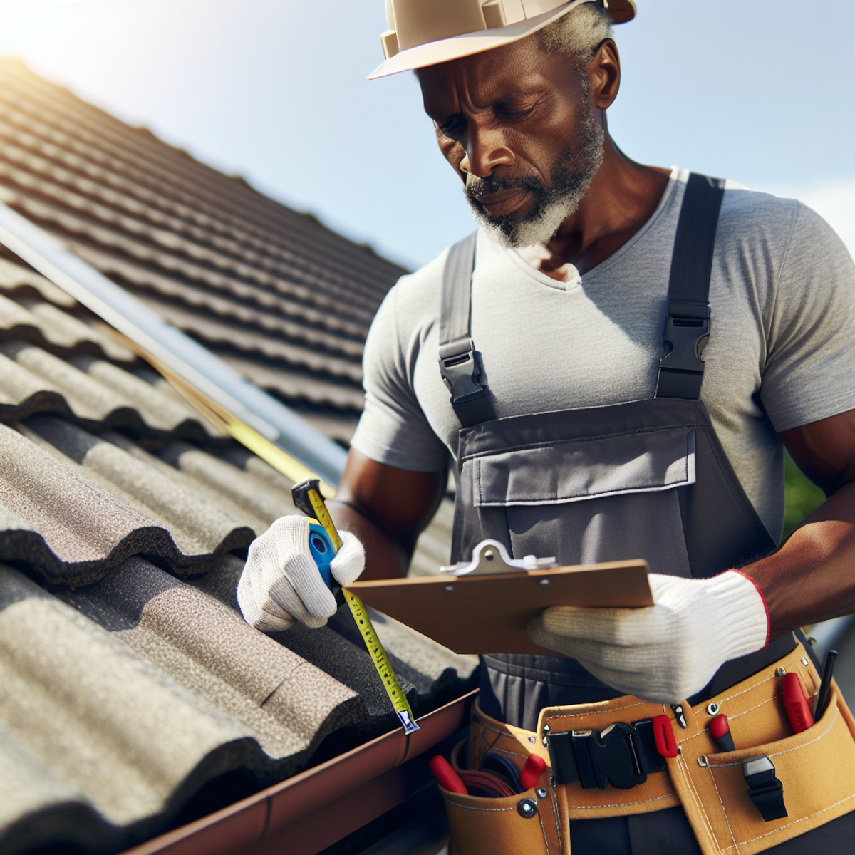 African American male roofer inspecting residential roof with measuring tape and clipboard
