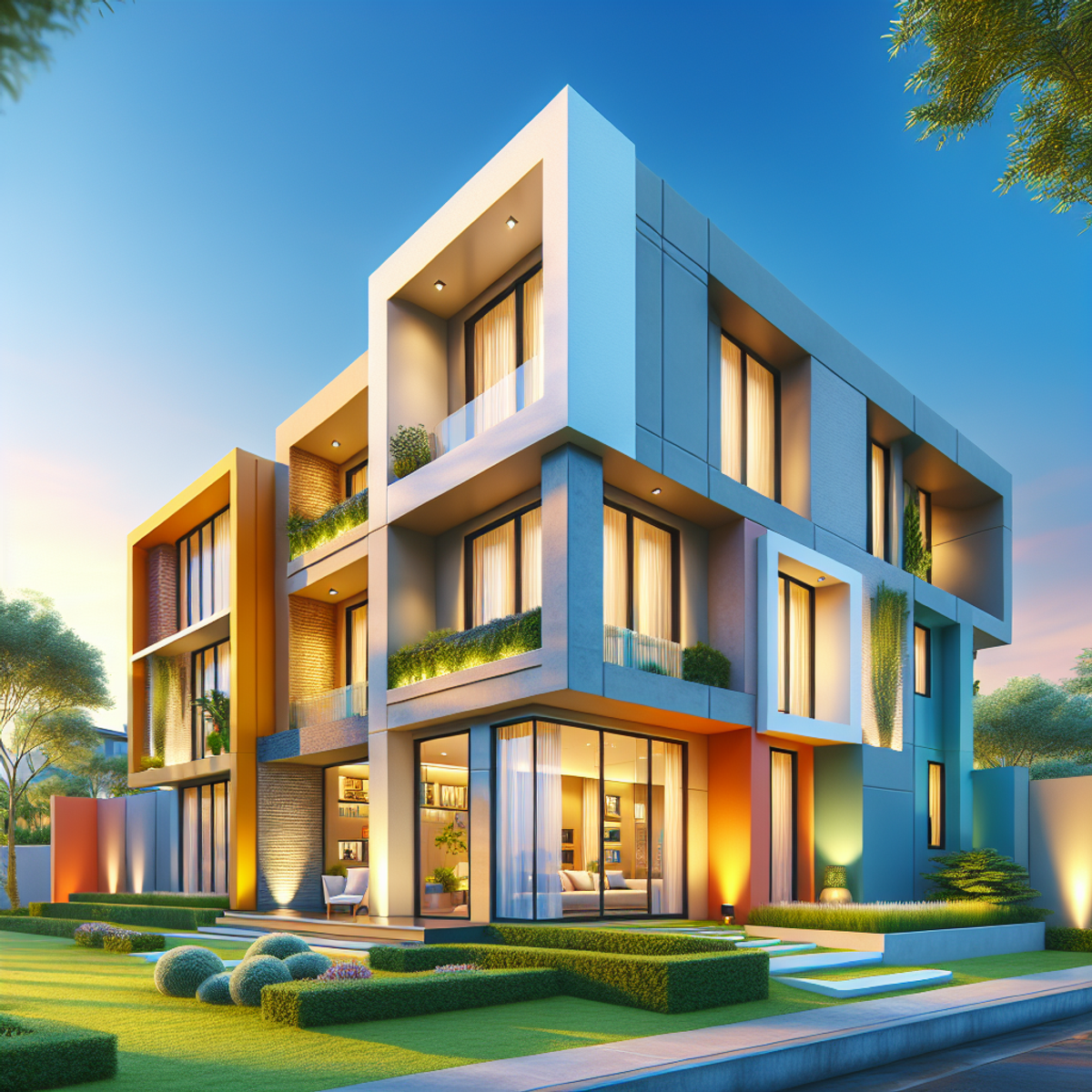Vibrant modern home exterior with EIFS stucco, large glass windows, and tailored landscape.