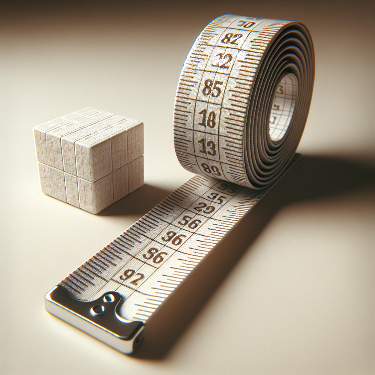 A close-up image of a detailed measuring tape and a small three-dimensional cube on a neutral surface.