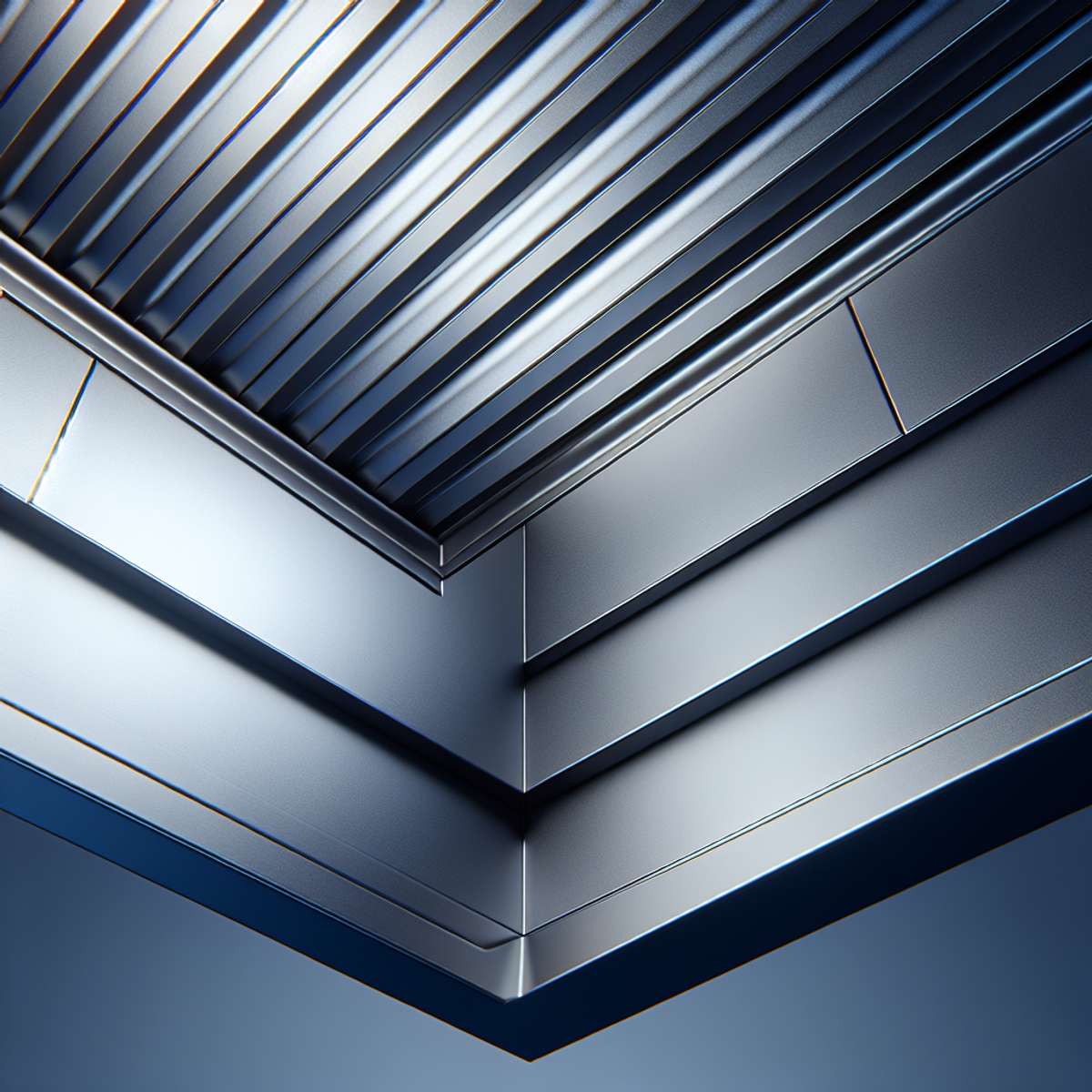 A close-up view of a sleek, modern metal roof overhang with smooth, shiny surfaces and precise, straight lines.