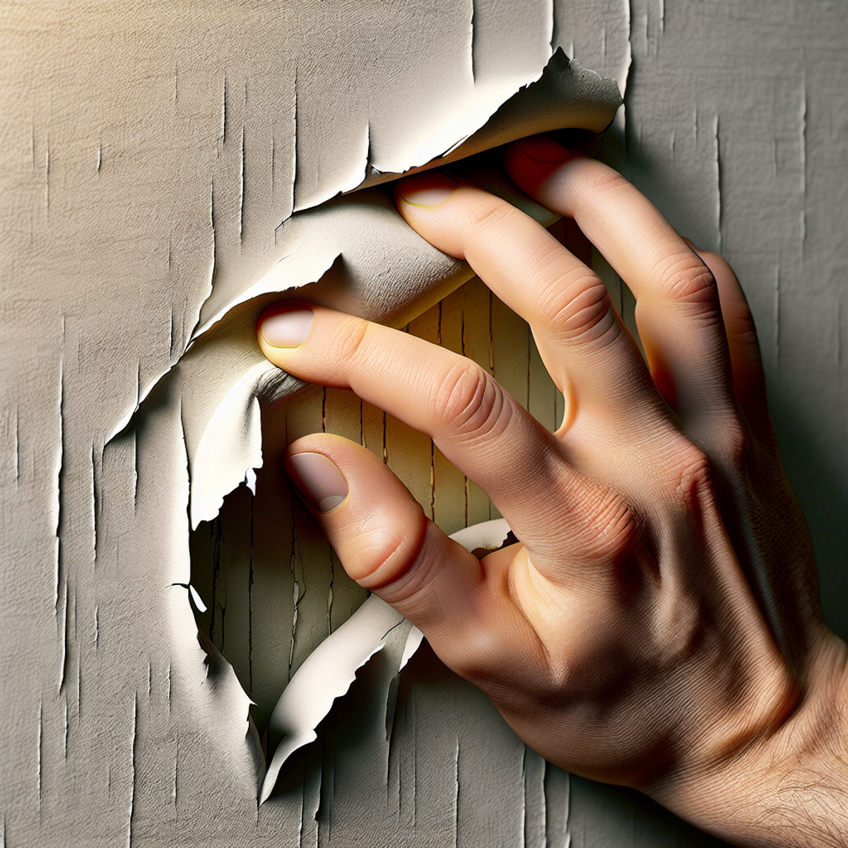 A close-up of a hand peeling aged paint off a wall to reveal a smooth surface underneath.