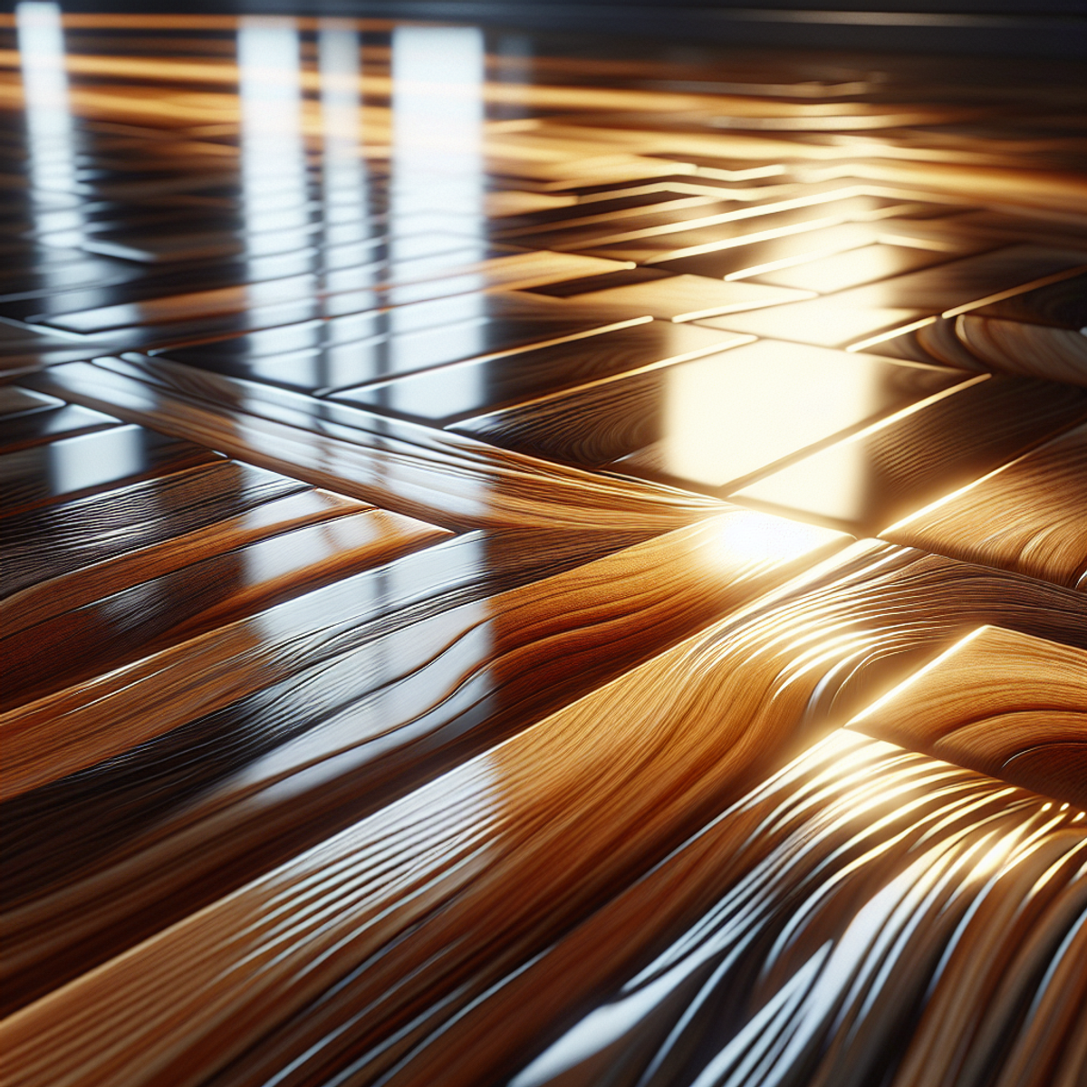 Shiny hardwood floor reflecting soft light.